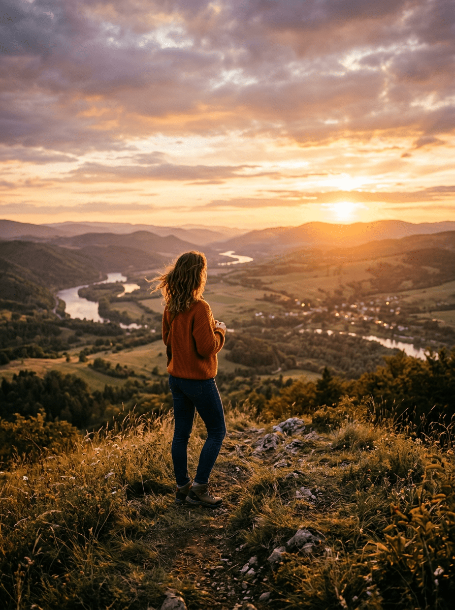 Person standing on hilltop overlooking river winding through valley at sunset.